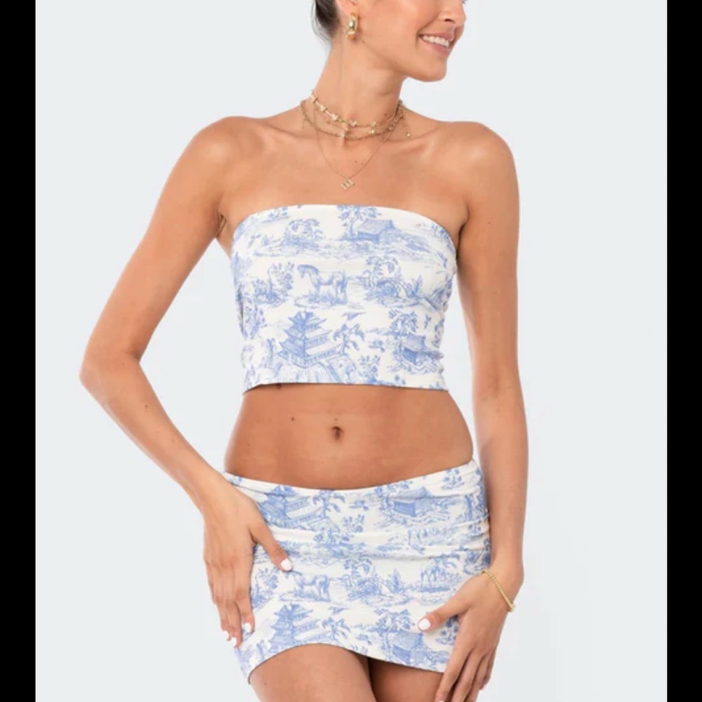 Edikted Blue and White Strapless Top and Skirt Set